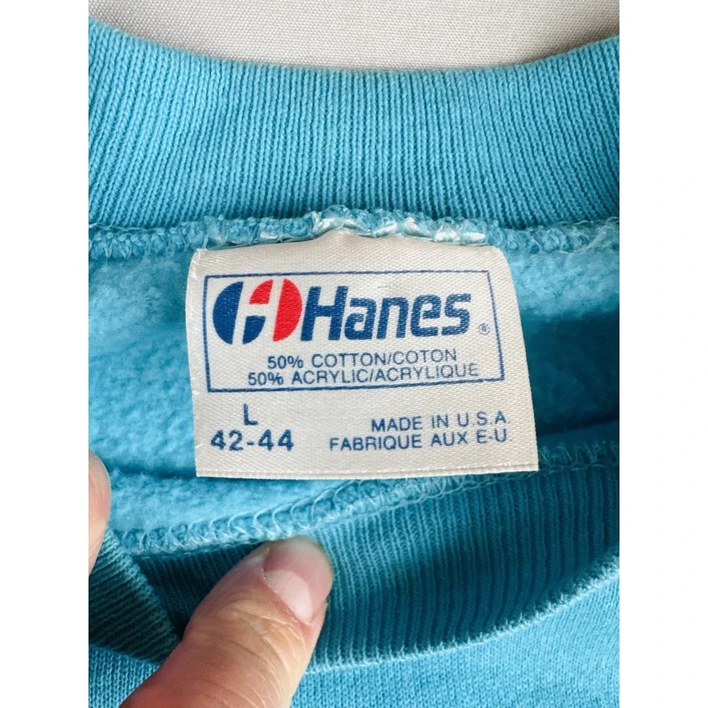 Vintage 90s Blank Sweatshirt Teal Blue USA Made Hanes Crewneck Large
